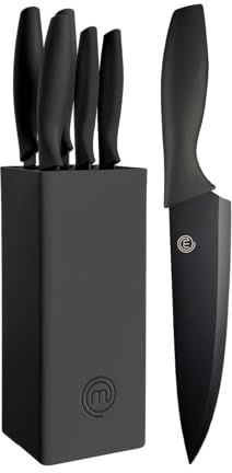MasterChef Couteaux de Cuisine avec Bloc, Contient : Couteau d'Office Universel, Couteau à Viande et Pain, Couteau de Chef, Acier Inoxydable, Manche Ergonomique, Noir, Toucher Doux