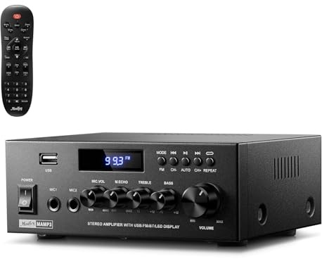 Moukey Power Audio Amplifier, 2.0 Channel Stereo Receivers with Bluetooth 5.3, Full Function Remote, FM, RCA, USB, 2 Mic In, 300W Peak Power, for Karaoke, Garage, Home Theater, MAMP3