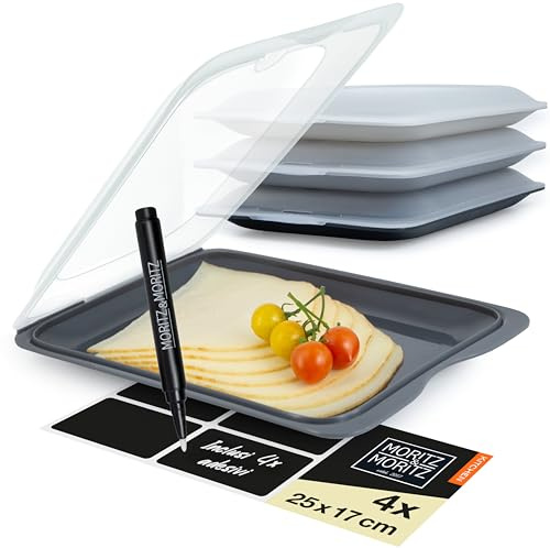 Moritz & Moritz 4x Cold Meat Containers for Fridge - Stackable - Grey Colours - Airtight Cold Cuts Storage Containers with Lids for Storing Cold Meats, Cheese etc. - with Stickers for Labelling