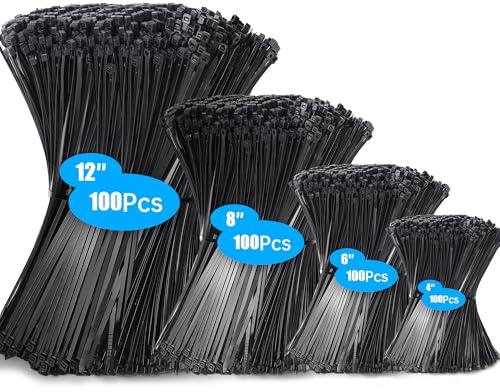 Hosuni 400 pièces Collier de Serrage, 100/150/200/300mm Serflex Noir Resistant à La Traction De 18kg, Professionnelles Attache Câble Durable Résistant au UV Pour cable management, Jardinage, Atelier