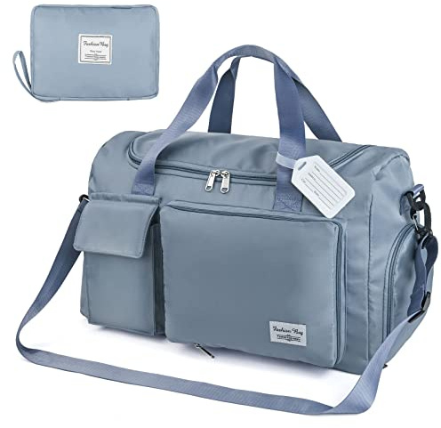 Flintronic Travel Duffel Bag, Foldable Gym Bag Overnight Weekend Bags for Women, Lightweight Hospital Bag with Wet and Dry Separation Bag, Large Holdall Bag Cabin Bag for Sports and Travel - Blue