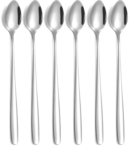 tiokin Lot de 6 cuillères à café en acier inoxydable à long manche, idéales pour latte café, expresso, chocolat chaud, boissons chaudes, dessert et crème glacée -19.8cm