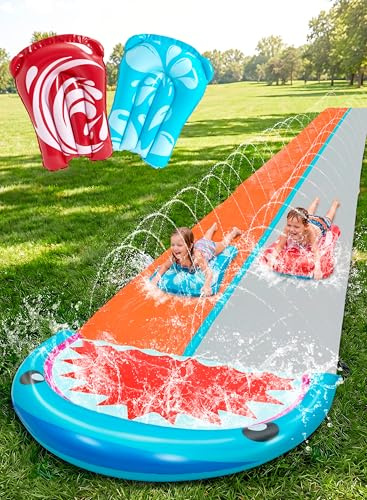 Sloosh 22.5ft/685.8cm Water Slides with 2 Inflatable Boards, Double Lane Lawn Water Splash Slides with Advanced Sprinklers Summer Toy for Kids Adults Fun Backyard Summer Outdoor, Shark