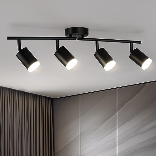 Bojim Lampara LED Interior Cocina Techo con 4 10W Focos Orientables Lluminación Precisa Potente, GU10 Light Luz Negro Barra Plafon Pared para Baño Pasillo Bar Ceiling Lamparas Comedor, Sin Bombilla