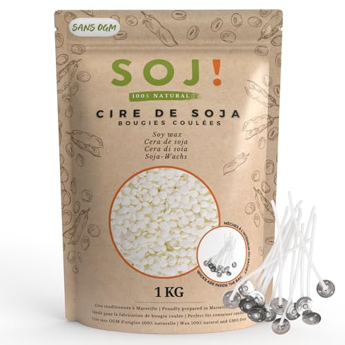 Soj - Cire de Soja végétale1KG/2KG/3KG/20KG E-BOOK+15 MÈCHES OFFERTES! Fabrication de bougies coulées, Cire bougies, Cire à bougie, Cire de soja pour bougie, Marque française 1KG