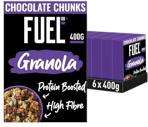 FUEL10K Protein Boosted, Chunky Granola, Chocolate Loaded, 6 x 400 Gram Box - High Fibre, Vitamin Boosted Vegan Cereal with Dark Chocolate Pieces, Jumbo Oats & Pumpkin Seeds