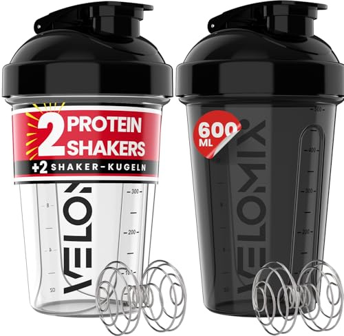 VELOMIX -2 PACK- 600ml Protein Shaker Bottle -2x Wire Mixball | Leak Proof Shaker For Protein Shakes | Stackable Protein Shake Bottle | Dishwasher Safe Gym Bottle (Black/Transparent)