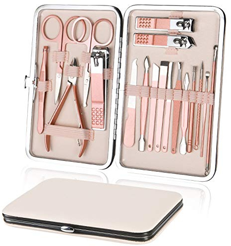 URAQT Nail Clippers, 18 pcs Manicure Pedicure Set, Nail Scissors Cuticle Remover for Men Women, Stainless Steel Nail Care Grooming Kit with Leather Case for Travel & Home