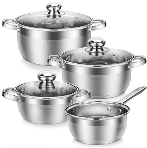 Velaze 7-Piece Cooking Pot Set Made of Stainless Steel, Induction Pot with Glass Lids, Classic Design, Pots with 3 Cooking Pots and 1 Saucepan, Pot Set for All Types of Stoves