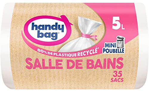 Handy Bag Sacs poubelle à liens pratique Spécial Salle de Bains,avec Fond Anti-Fuite, 100% plastique recyclé, 1 rouleau de 35 sacs poubelle 5L