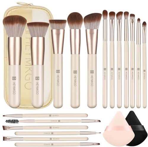 HEYMKGO Lot de 18 Pinceaux de Maquillage Professionnels, 2 Houppettes et Trousse de Voyage Incluses pour Fond de Teint, Poudre, Fard à Paupières