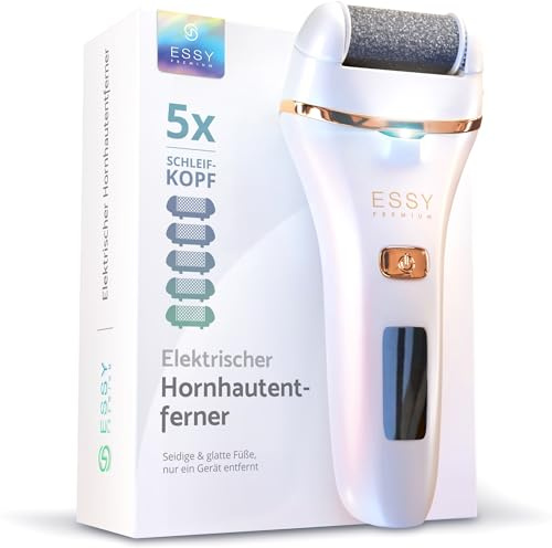 Essy Râpe à Pieds Électrique avec 5 Rouleaux de Remplacement, Ponceuse Rechargeable pour Élimination des Callosités, 2 Vitesses, Écran LED, Charge USB, Kit Pédicure (Blanc)