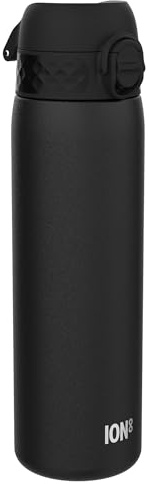 Ion8 Gourde Inox Léger, 600ml, Non Isolé, Anti-Fuite, Facile à Ouvrir, Verrouillage Sécurisé, Lavable au Lave-Vaisselle, Poignée de Transport, Durable, Acier Inoxydable, Noir