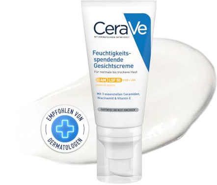 CeraVe - Crème Hydratante Visage SPF50 - Crème de Jour avec Protection UVB + UVA - Acide Hyaluronique, Céramide, Niacinamide, Vitamine E - Peau Normale à Sèche - 52 ml