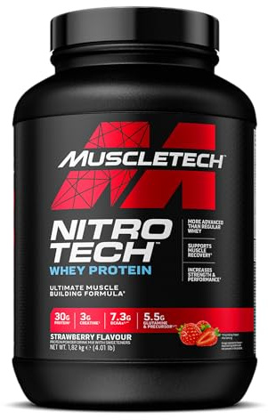 MuscleTech Nitro-Tech Strawberry Whey Protein Powder - 1820g / 4lbs - Muscle Building & Strength