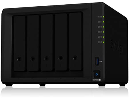 Synology DiskStation DS1522+ 5-Bay NAS/Storage Server Tower, Black, AMD Ryzen R1600 2.6GHz, 8GB DDR4 RAM, 0TB