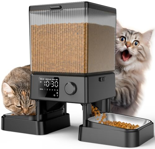 oneisall 5L Distributeur Croquettes Chat Automatique 2 Bols Mangeoire Automatique pour Chat à Un Bouton Fonctionnement Facile Mangeoire