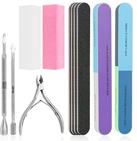 Nail File Set, WOVTE 11 Pcs Nail Files Block 7 Ways Buffer Block Buffer Block Sponge Polished, Come with Cuticle Nipper and Pusher for Dead Skin Nail Trimming Manicure Tools
