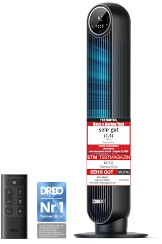 DREO 20dB ventilateur colonne silencieux, Vitesse 7,6 m/s - Oscillant à 90° ventilateurs tour pour chambre, 92 cm de haut, Télécommande incluse, 4 vitesses, 4 modes, minuterie 8H, Noir - Nomad One