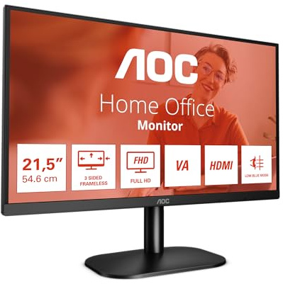 AOC 22B2H - 22 inch FHD Monitor, 75Hz, VA, 7ms Frameless design, Tilt, lowBlue Mode, Flicker Free (1920 x 1080 @ 75Hz, HDMI/VGA)