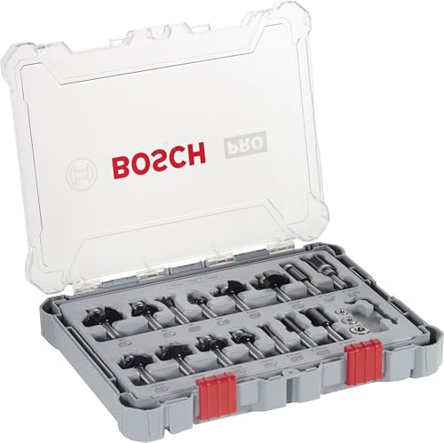 Bosch 15x Kits de fraises mixtes PRO, 15 pièces (pour Bois résineux, Bois dur, Ø 13-16 mm, Professional Accessoire Défonceuse manuelle, Fraise à araser)