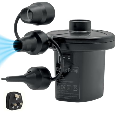 Milestone Camping Electric Air Pump High Power with 3 Nozzles/British Brand & Safety Certificates/Airbeds Inflatable Mattresses Paddling Pools Balls / 3 Nozzles