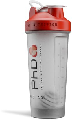PhD Nutrition Mixball Shaker, Shaker for Protein Shakes, Wire Mixball Whisk, Red Non-Drip Screw Lid, Transparent Colour, 600 ml