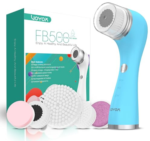 VOYOR 5-In-1 Spazzola Pulizia Viso Elettrica Ricaricabile,Spazzola Viso Esfoliante, Rimuove Punti Neri,IPX7 Impermeabile FB500 (Blu)