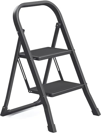 SONGMICS Marchepied 2 Marches Pliable, Escabeau, Verrou de Sécurité, Facile à Ranger, Charge 150 kg, Noir GSL012BZ01