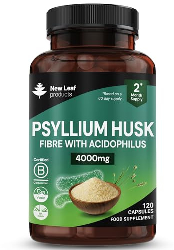 Fibre Supplement 4000mg Psyllium Husk with Acidophilus - High Strength - Natural Soluble Fiber Supplement from Plantago Ovata Seeds, 120 Psyllium Husks Capsules Vegan, UK Made by New Leaf