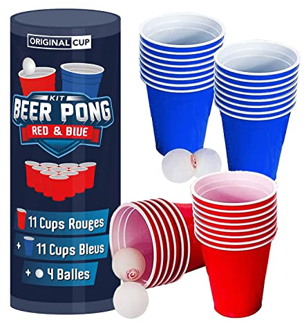 Original Beer Pong Kit Officiel | Pack Gobelets + Balles de Beer Pong | Qualité Premium | 22 Cups (11 Red & 11 Blue) | 4 Balles | Réutilisables | Jeu à Boire | Jeu Soirée & Apéro | OriginalCup®