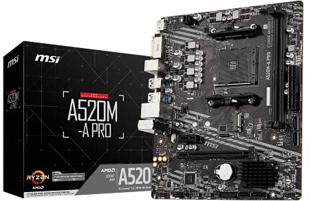 MSI A520M-A PRO Motherboard mATX - Supports AMD Ryzen 3rd Gen Processors, AM4, DDR4 Boost (4600MHz/OC), 1 x PCIe 3.0 x1, 1 x M.2 Gen3 x4, Gigabit LAN