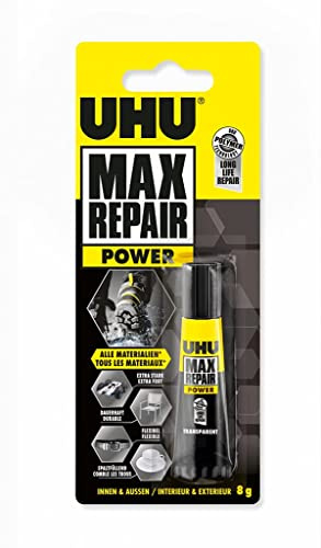 UHU Max repair power - Colle Extra-Forte et Flexible - Universelle Tous Supports: Chaussures, Caoutchouc, Cuir - Résiste à l'Humidité et -40°C à +120°C - Sans solvant - Transparente - Tube 8 g