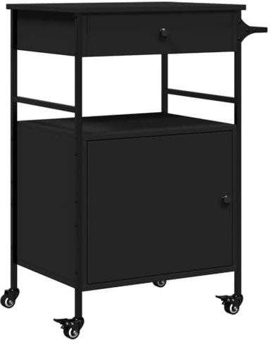 vidaXL Black Kitchen Trolley/Island, Engineered Wood, Steel Frame, Towel Rack, Lockable Wheels - 56x43x89.5 cm