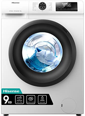 Hisense WFQP9014EVM – Lavatrice Carica Frontale 9 kg con Vapore, 1200 rpm, Classe C, 15 Programmi, Motore Inverter, Quick Wash 15’, Delay End, Child Lock, Display LED, Certificazione Sostenibilità