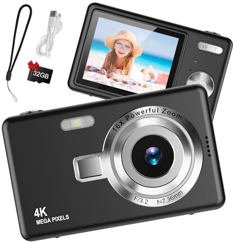 Digital Camera 1080P FHD 44MP with 2.4" LCD Screen,16X Digital Zoom, Small Portable Vlogging Camera with 32gb SD Card for Kids Teen Students Beginner