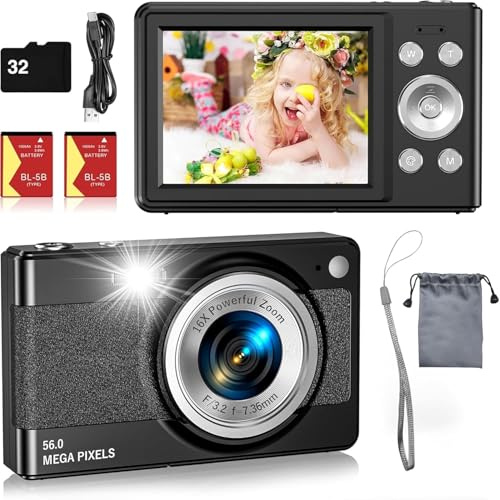 Digital Camera,56MP FHD 1080P Camera for Kids, Point and Shoot with 16X Zoom Anti Shake, Kid Camera with 32GB TF Card, Two Batteries, Lanyard, Compact Portable for Kids Teens Beginners-Black