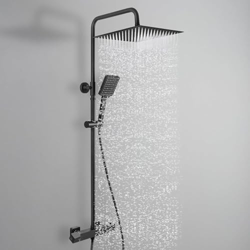 Auralum Colonne de Douche Thermostatique Noir Mat, Ensemble de Douche complet avec Ciel de Pluie 30cm et Douchette 6 Jets, Mitigeur de Salle de Bain Anti-Calcaire, Barre Réglable 88-124cm
