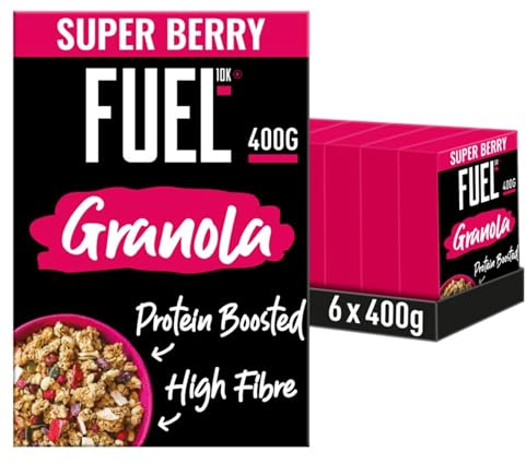 FUEL10K Protein Boosted, Chunky Granola, Super Berry, 6 x 400 Gram Box - High Fibre, Vitamin Boosted, Vegan Cereal with Mixed Fruit Pieces, Jumbo Oats & Pumpkin Seeds