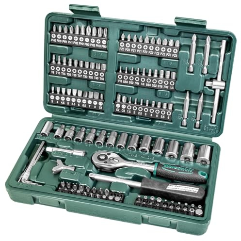 Brüder Mannesmann M29166 Jeu de douilles et embouts 130 pièces Acier Chrome-Vanadium Argent/Vert/Noir