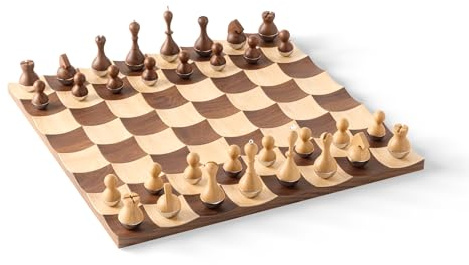 Umbra Wobble Chess Set - Walnut & Maple Wood Board - Modern Design