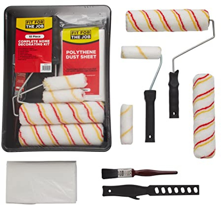 Fit For The Job Kit décoration pour la maison, 10 pièces Prêt à l’emploi, comprend Rouleaux Plateau Pinceau, Bâche protection, Agitateur-Rouleaux peinture murs et plafonds émulsion