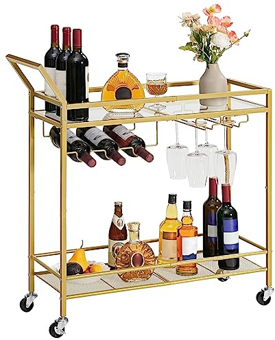 HOOBRO Drinks Trolley Gold, Bar Cart, Bar Trolley, Kitchen Trolley on Wheels, Serving Trolley with Glass Shelf, Wine Rack and Glass Holder, Home Bar Serving Cart for Dining Room, Party, Gold EGD11TC01