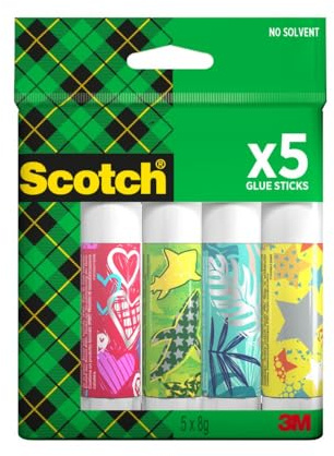 Scotch Bâtons de Colle Permanente Blanche - Lot de 5 sticks (8g) - Colle forte sans solvant et non toxique pour enfants - pour l'école, la maison et les loisirs créatifs