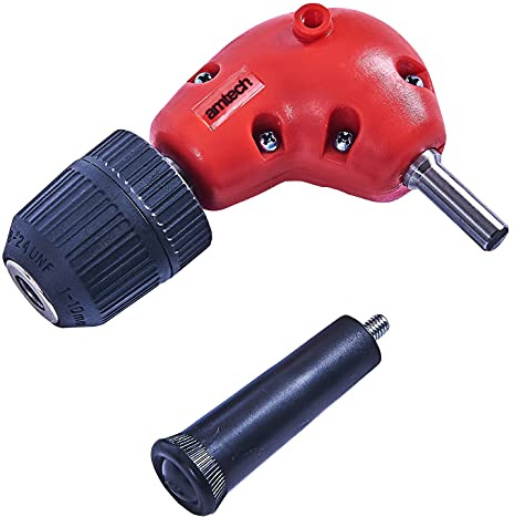 Amtech - Right Angle Drill Attachment, 3/8" keyless Chuck, 1:1 Metal Gearing, Two-Position Side Handle, Access Tight Spaces, fits Standard Drills