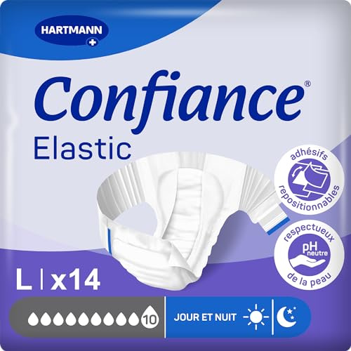 Confiance Elastic - Changes Complets pour Hommes et Femmes - Niveau d'Absorption = 10 gouttes (Fuites Urinaires Importantes) - pH Neutre à la Peau - Matière Douce - Taille L - 14 Unités