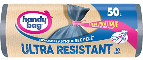 Handy Bag Sacs poubelle à liens pratique Ultra Résistant & Fond anti-fuite, 100% plastique recyclé, 1 rouleau de 10 sacs poubelle 50L