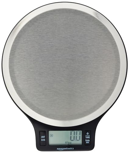 Amazon Basics Digital kitchen scales with LCD display (with batteries), Black and Stainless Steel, BPA free, Weighs up to 11 pounds