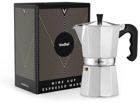 VonShef Stovetop Coffee Maker, 9 Cup Aluminium Italian Espresso Maker, 450ml Gas & Electric Stove Top Moka Pot with Replacement Gasket & Filter