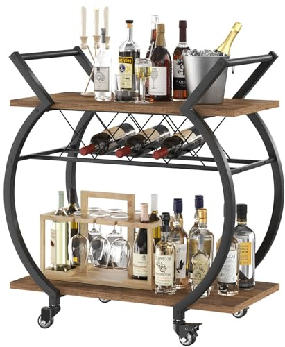 LVB Drinks Trolley, Bar Cart for Kitchen, Beverage Serving Liquor Cart with Wheels, Wood and Metal Rolling Wine Cart with Storage Shelf, Microwave Drink Cart for Living Dining Room, Rustic Brown